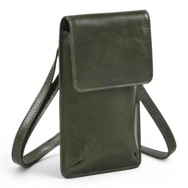 An green leather crossbody phone pouch with a flap closure and an adjustable shoulder strap, shown on a clean white background.