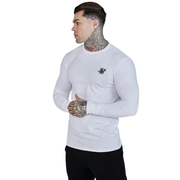 SikSilk Mens Embroidered Logo Fitted Long-Sleeved T-Shirt - White - 