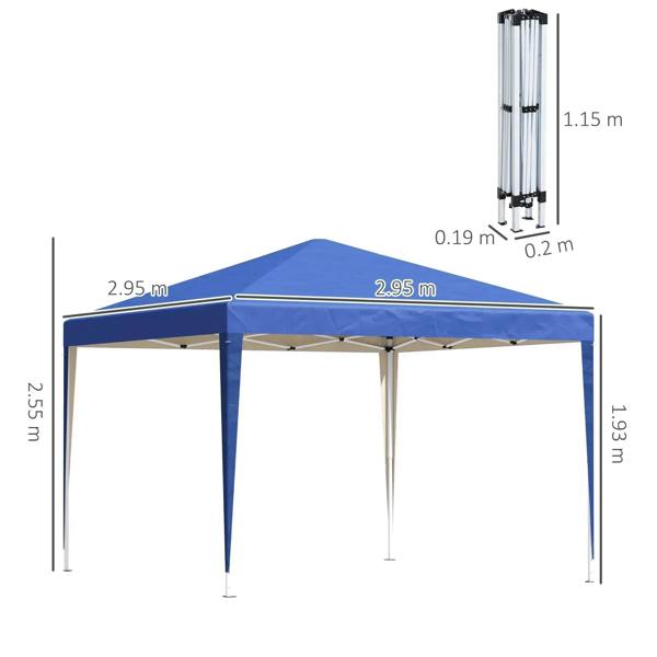 Blue pop-up gazebo canopy with labeled dimensions and height-adjustable frame