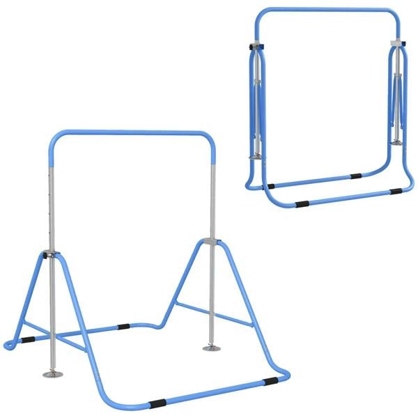 Blue kids gymnastic bar with two horizontal rails on foldable A-frame stands
