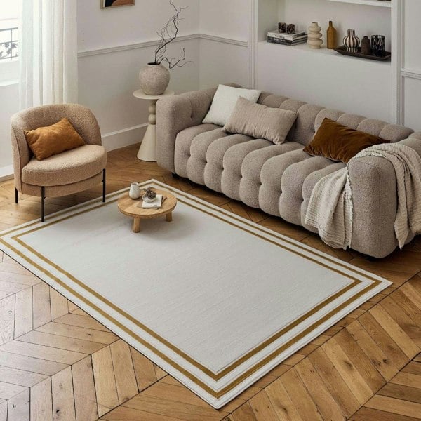 Bordered Living Room rug, gold-cream colours, stain-resistant and non-shedding