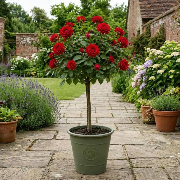 7.5L Standard Rose Tree Red 100-110cm - Classic Flowering Garden Rose Plant - Olive Green Planter