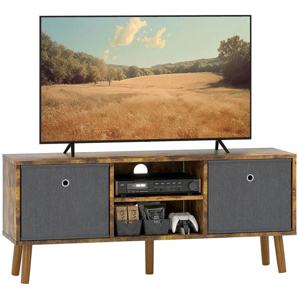 Rustic brown TV stand with two dark gray drawers and open media shelf