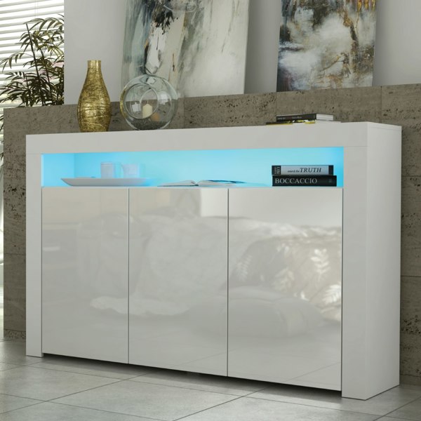 Mex Furniture 155cm Sideboard TV Stand Cupboard Cabinet – White High Gloss Doors with Free LED