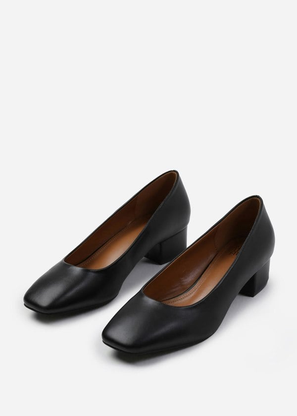 Where's That From Seattle Wide Fit Low Block Heel With Square Toe in Black Faux Leather