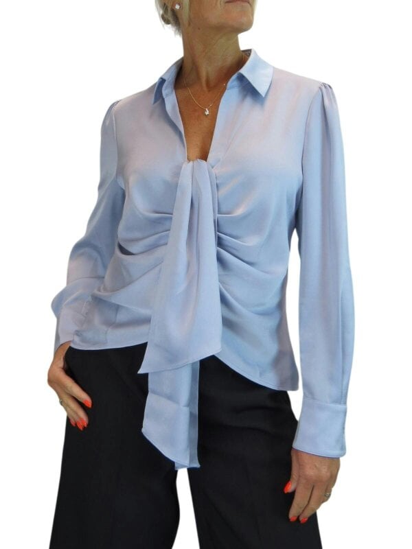 Paulo Due Women's Long Sleeve Tie Front Satin Blouse Shirt - Silver Blue