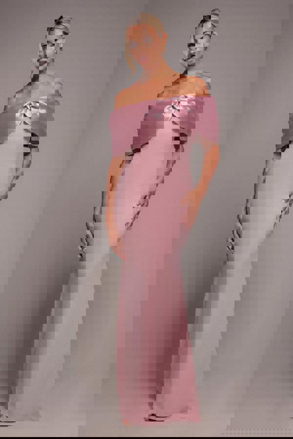 Twist Knot Satin & Scuba Bardot Maxi Dress - Blush Pink DR4575