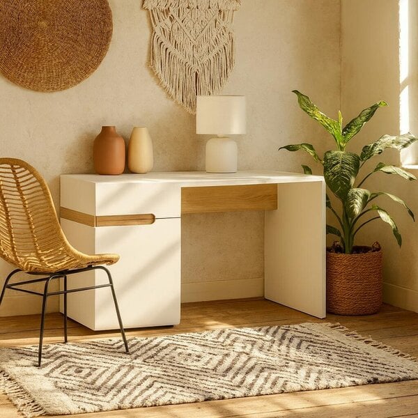 Wyld Haus Foxwhisk Desk Table White and Truffle Oak Wood 1 Drawer 1 Door