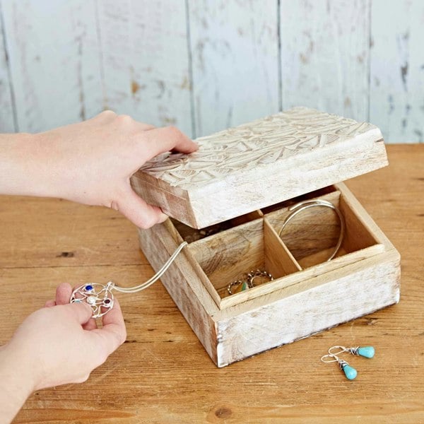 Paper High Antique White Leaf Mango Wood Jewellery Box