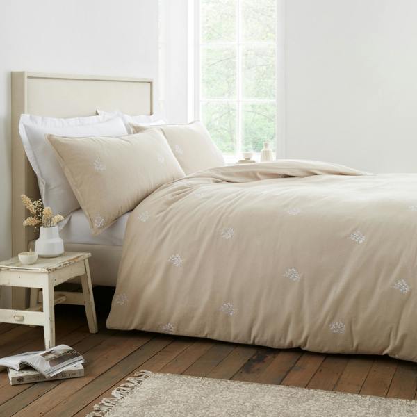 Bianca Brushed Cotton Embroidery Leaf Duvet Cover Set Natural