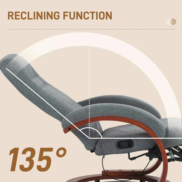 Grey swivel recliner chair with footrest, close view of reclining seat and arm control