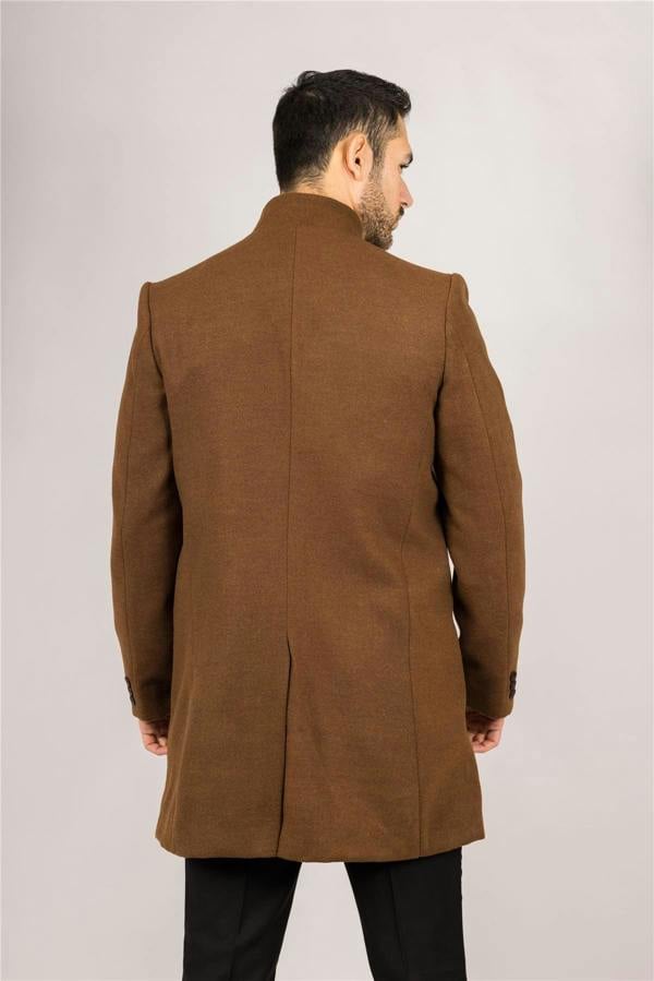 Infinity Leather Men's Brown Stand Collar Wool Blend Overcoat