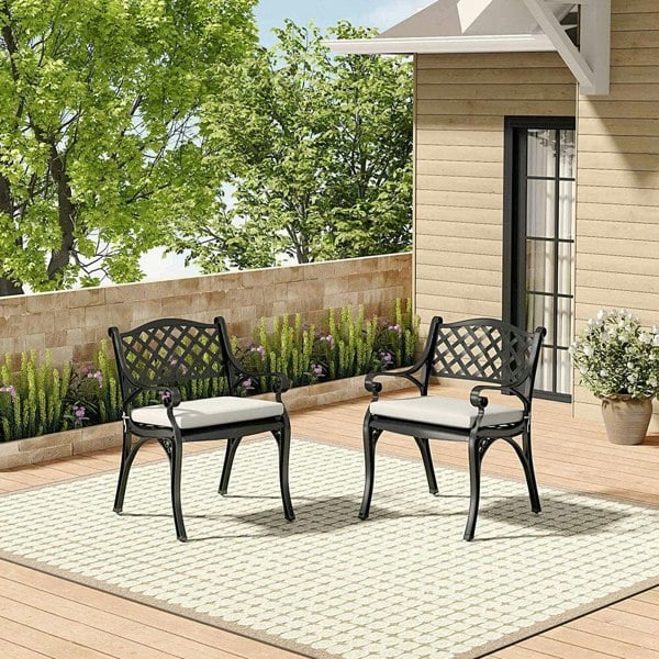 Set of 2 Garden Chairs Cast Aluminium Armchairs with Cushion Black/White Patio Side Chairs Living and Home
