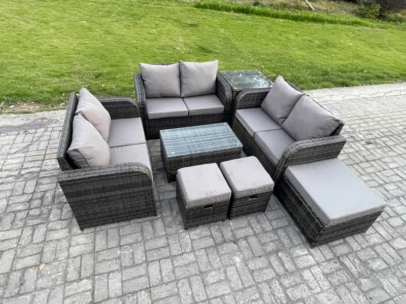 Fimous 9-Seater Outdoor Rattan Garden Furniture Set - Dark Grey Mixed Sofa with Rectangular Coffee Table & 3 Footstools