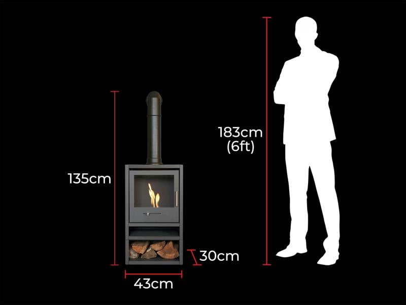 OKO S1 Bio Ethanol Stove with Log Storage in Charcoal Grey & Tall Angled Stove Pipe