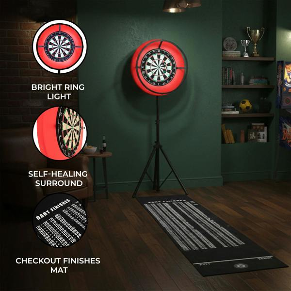 Dart board set featuring a vibrant red LED surround, self-healing target, and a stylish checkout finishes mat on a wooden floor