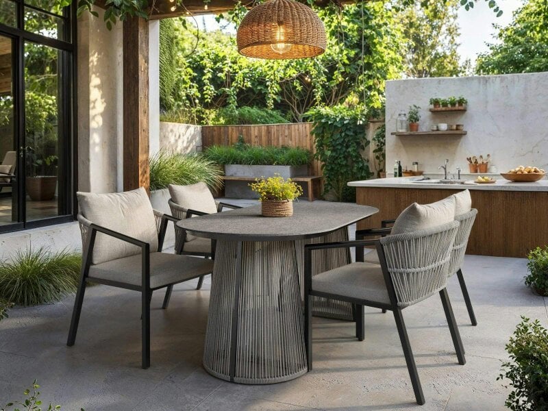 SOLACE+CO Hana Oval Garden Dining Table Grey with Lynden Chairs Set of 4 Brown
