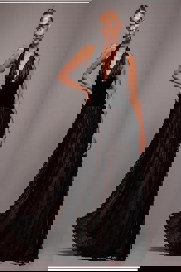 Velvet And Dobby Mesh A Line Halter Maxi Dress - Black DR4842