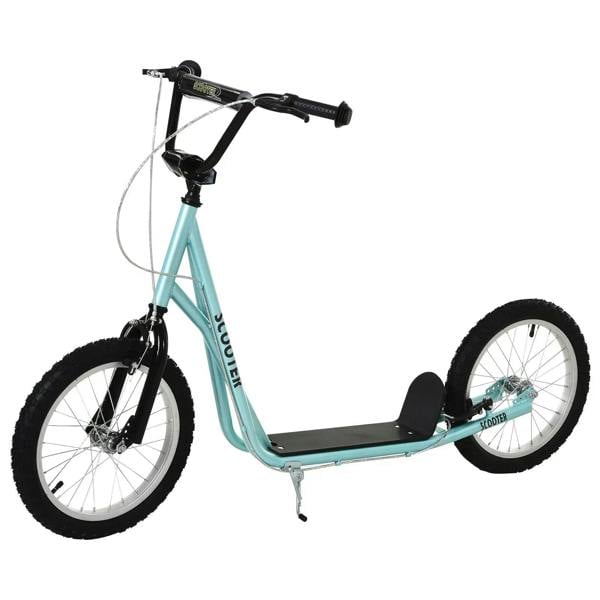 Kids blue kick scooter with black handlebars, suspension fork, and rubber front wheel