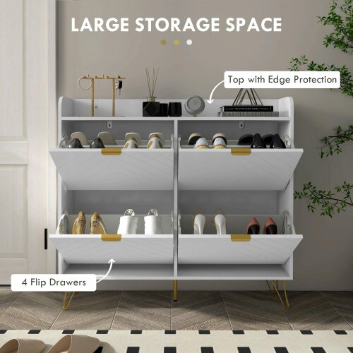 Wyld Haus Zikase Wooden White Chevron Slim Shoe Cabinet With 4 Flip Drawers For 16 Pairs