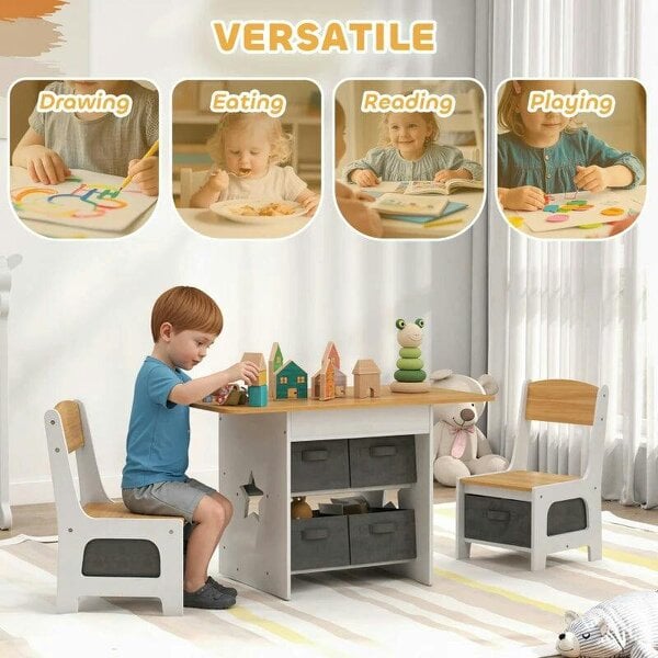 Bobobiy Kids Table and Chair Set, Toddler Table and 2 Chairs Set with 6 Removable Drawers, for Boys Girls Ages 3-8, Natural