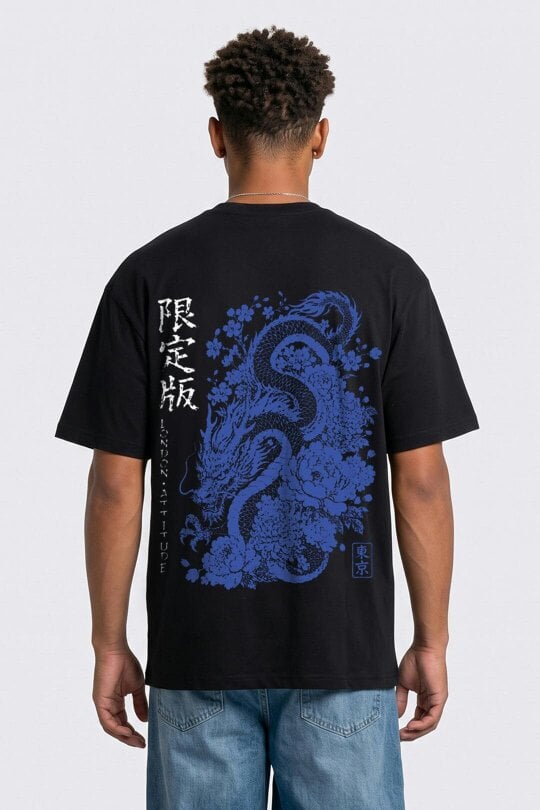 London Attitude Oversized Japanese Dragon Graphic T-Shirt - Black