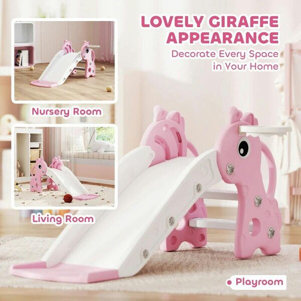 3 in 1 Kids Slide with Climber, Basketball Hoop and Ball, Giraffe Shape Climber Slide for Indoor Kids Age 1-3, Pink