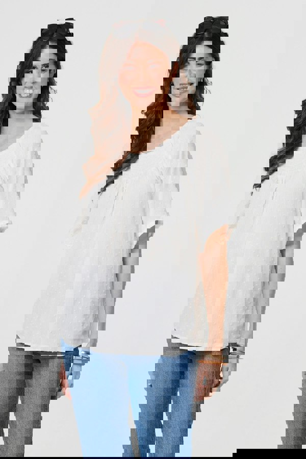 White | Textured Semi Sheer Shirred Bardot Top
