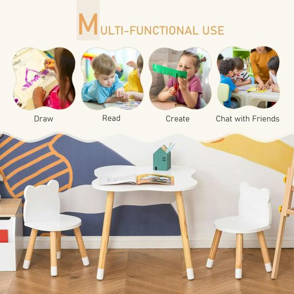 Kids table set with white bear chairs and light wood legs, shown with two chairs