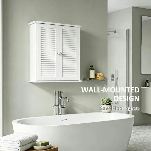 Bathroom Cabinet, Bathroom Wall Cabinet with Louvered Doors and Adjustable Shelf Storage for Kitchen, White