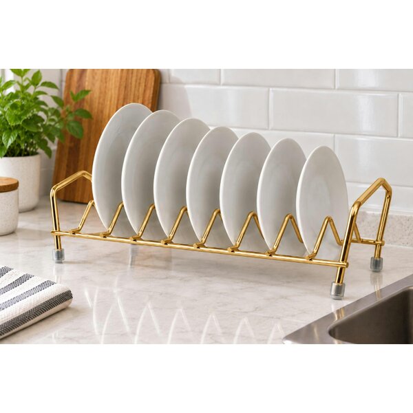 Dyzi Stainless Steel Dish Rack 7 Slot Plate Lid Kitchen Organiser Gold