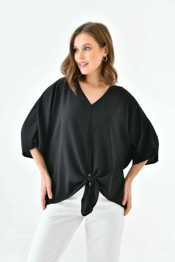 Hoxton Gal Oversized V Neck Tie Front Detailed Blouse with 3/4 Sleeves in Black
