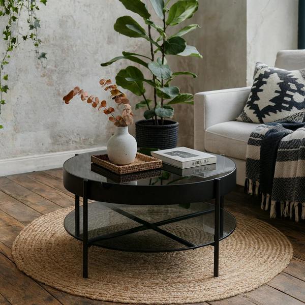 Wyld Haus Tampere Round Black Coffee Table with Grey Glass Lift Top