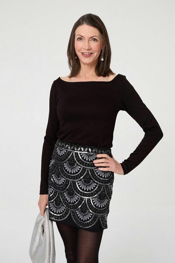 Black | Sequin Embellished Layered Mini Skirt
