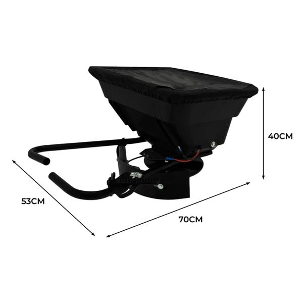 ATV mounted spreader with a black hopper, sturdy frame, and dimensions of 70cm x 53cm x 40cm, ideal for efficient spreading