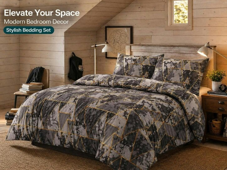 Night Zone Arlo Triangles Reversible Duvet Cover Set – Geometric Easy Care Bedding with Pillowcases - Grey