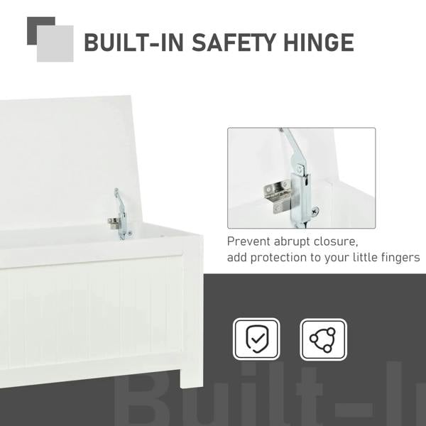 White lift-top storage chest with built-in safety hinge to prevent sudden closing