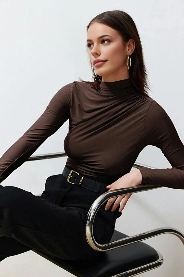 WOVCOR Draped High Neck Long Sleeve Blouse