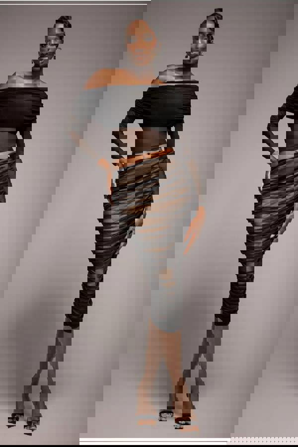 Gathered Side Mesh Midi Skirt - Black SK58