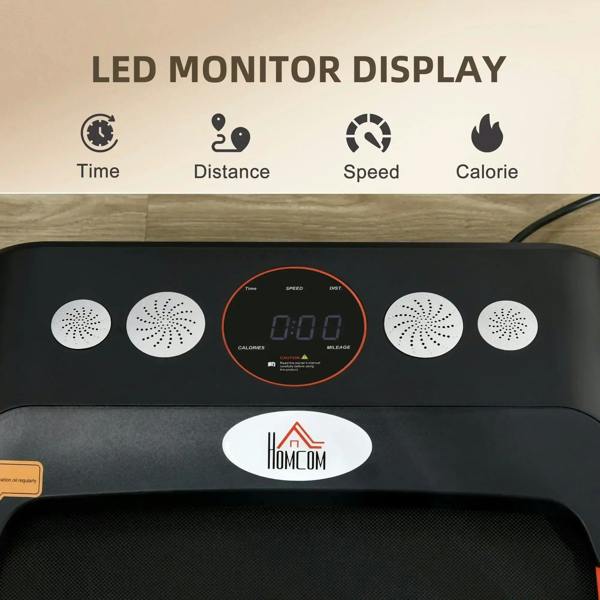 Black treadmill control panel with LED monitor display icons and HOMCOM logo