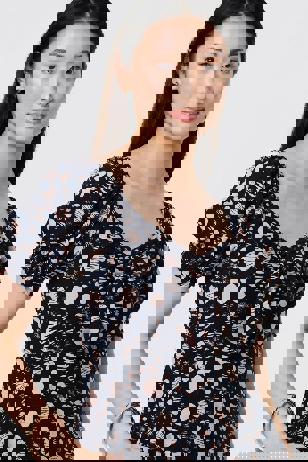 Navy | Polka Dot Print Tie Neck Midi Dress
