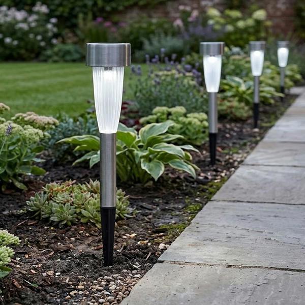 3 x Stainless Steel Fluted Solar Stake Lights Dusk To Dawn Path Feature Light