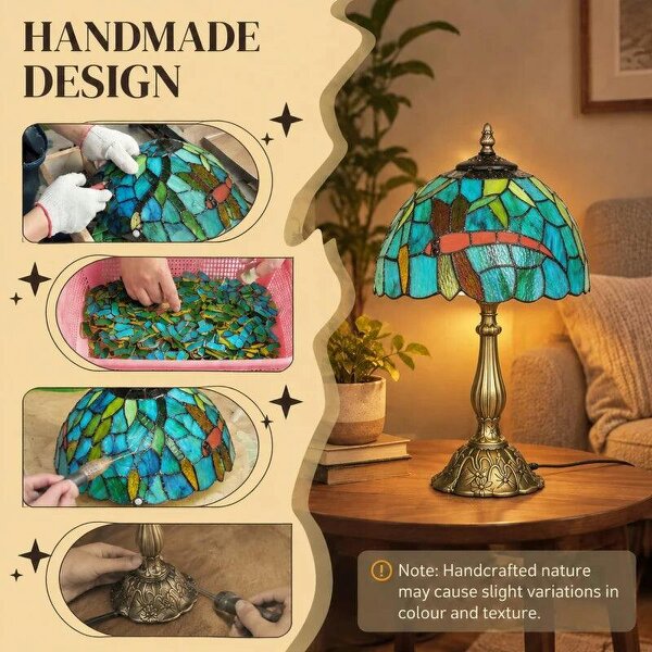 Tiffany Stained Glass Table Lamp, Handmade Antique Bedside Lamp for Bedroom, Living Room, Nightstand, Green