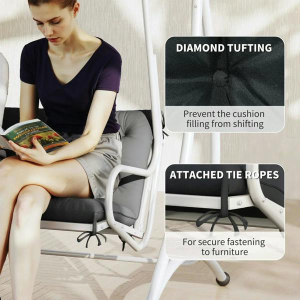 Black bench cushion with attached tie ropes and diamond tufting
