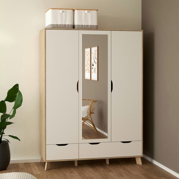 Furniture To Go Ikast Wardrobe 3 Doors and 2 Drawers with Mirror in Jackson Hickory and White