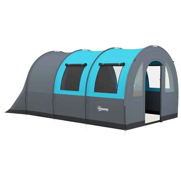 Grey and blue two-room tunnel tent with curved front and dark window panels