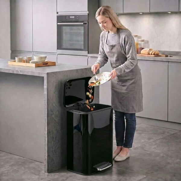 50 L Kitchen Pedal Bin, Metal Rubbish Bin with Removable Inner Bucket, Soft-Close & Stay-Open Lid, High Gloss Black