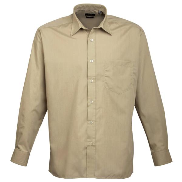 Premier Mens Premier Poplin Long-Sleeved Formal Shirt - Khaki