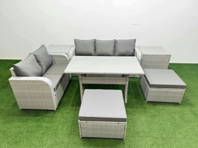 Fimous 7 Seater Rattan Conservatory Sofa Set - Rectangular Dining Table, 3-Seater Sofa, Loveseat & 2 Big Footstools