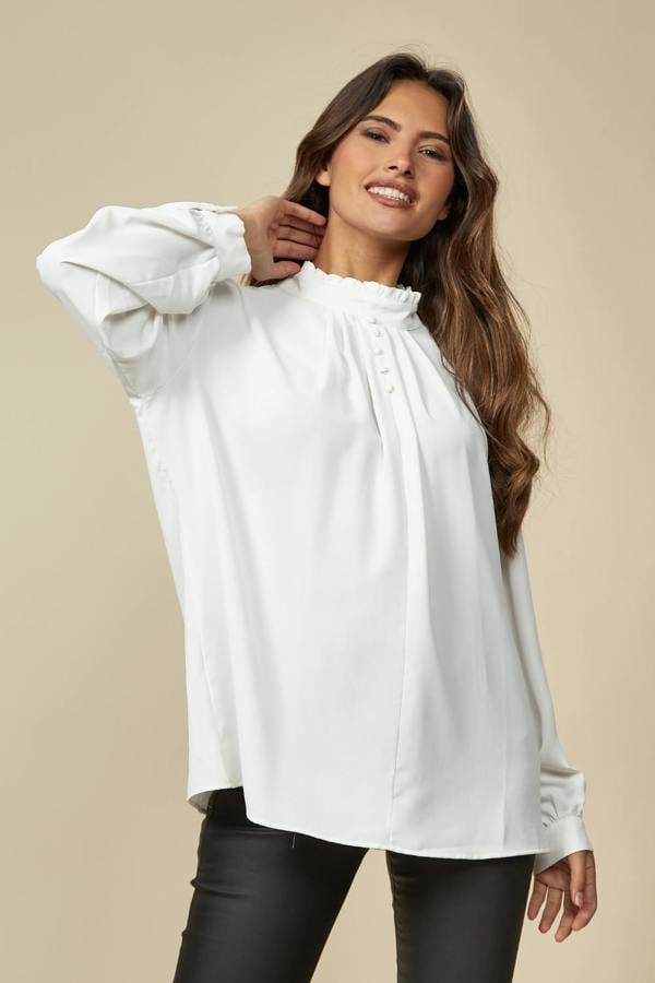 Hoxton Gal Oversized Ruffle Neck Top with Long Sleeves in White
